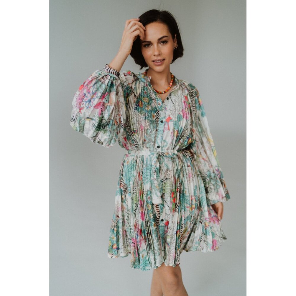 Beulah One Size Style Exotic Print Pleat Belted Mini Dress